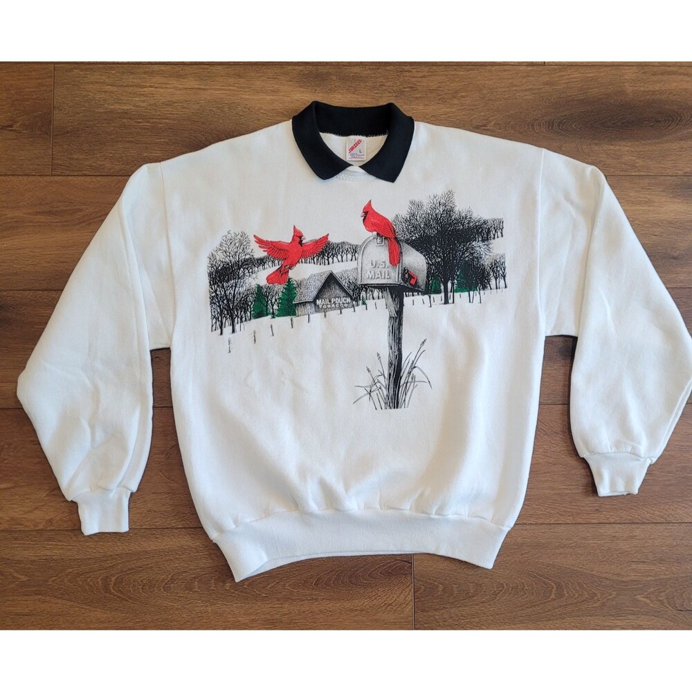 Vtg US Mail Sweatshirt L Cardinals Birds Pouch TOBACCO BARN Deer Jerzees USA